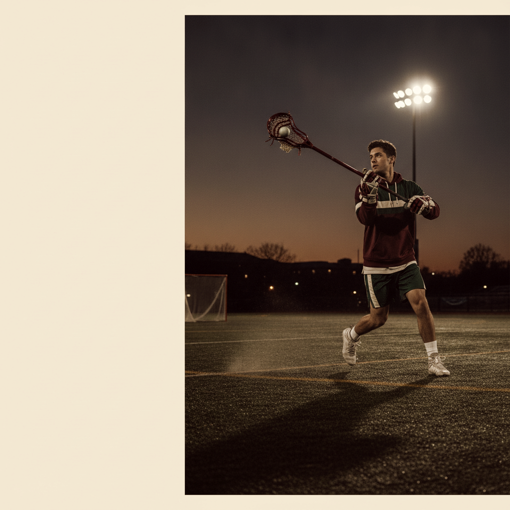 Lacrosse player cradling at the wall in maroon and gold light